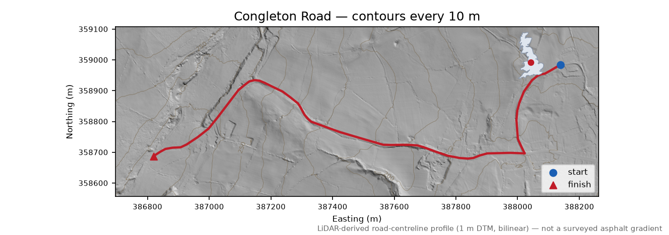 Congleton Road LiDAR hillshade map with contours