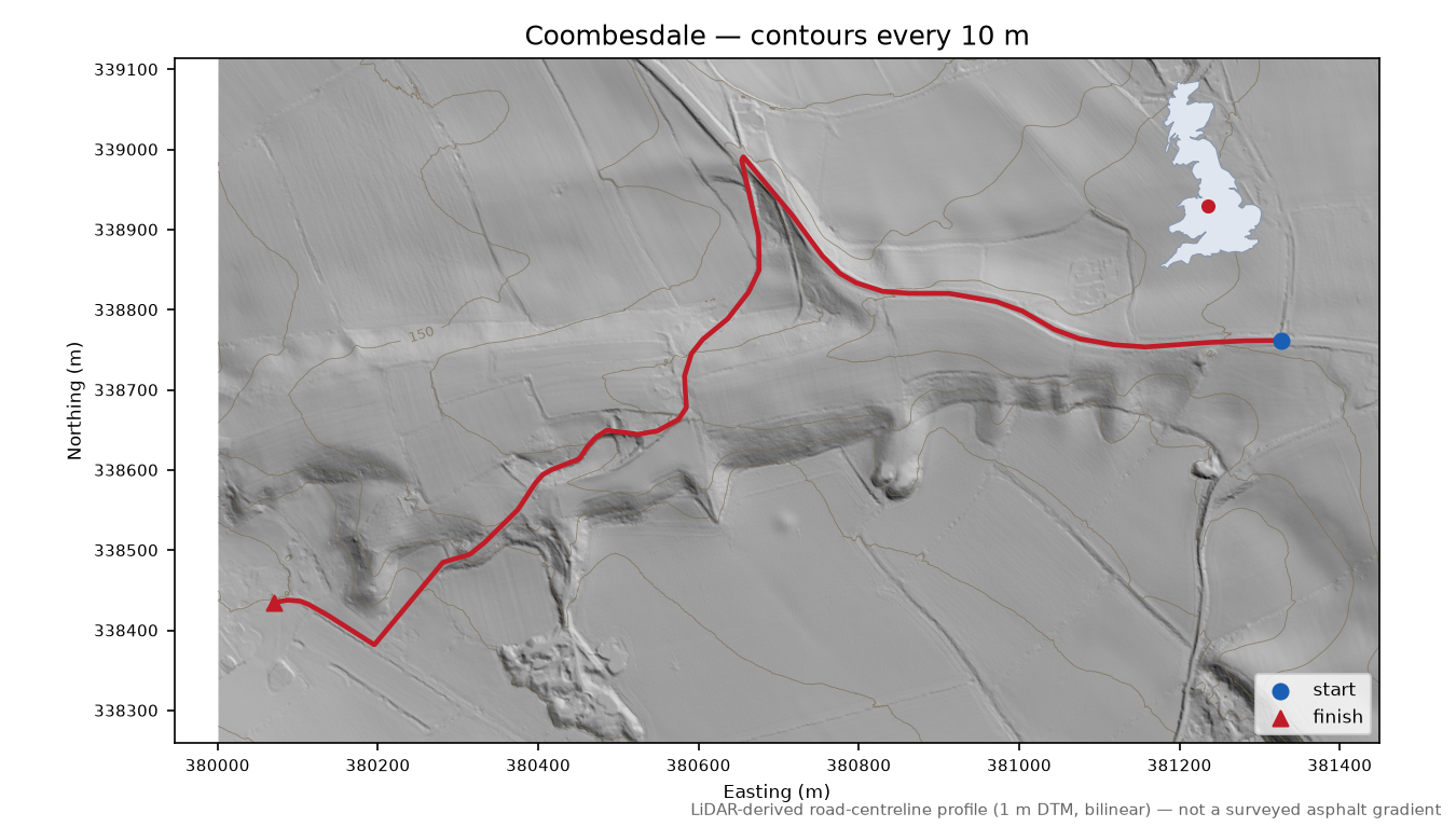 Coombesdale LiDAR hillshade map with contours