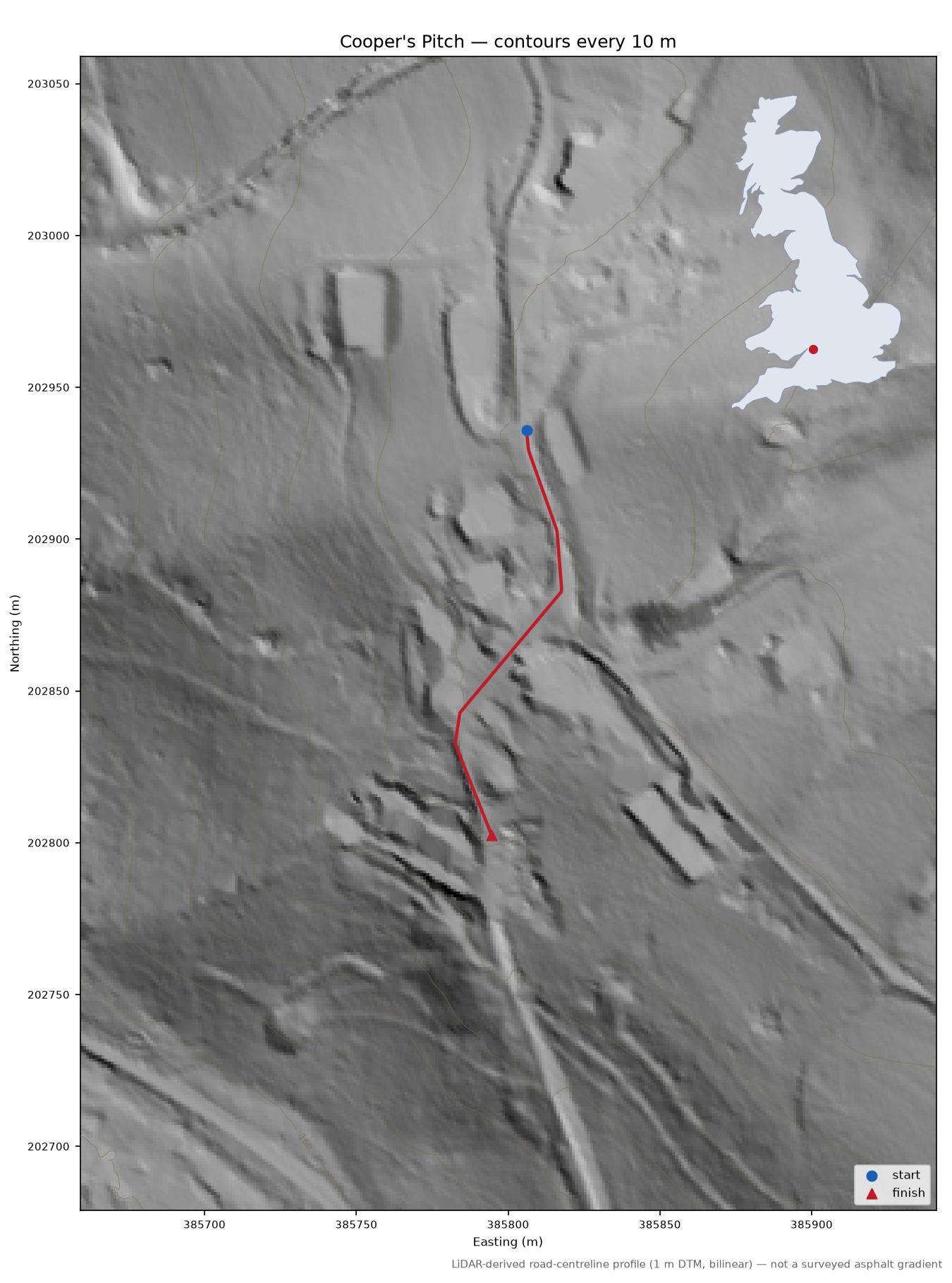 Cooper's Pitch LiDAR hillshade map with contours