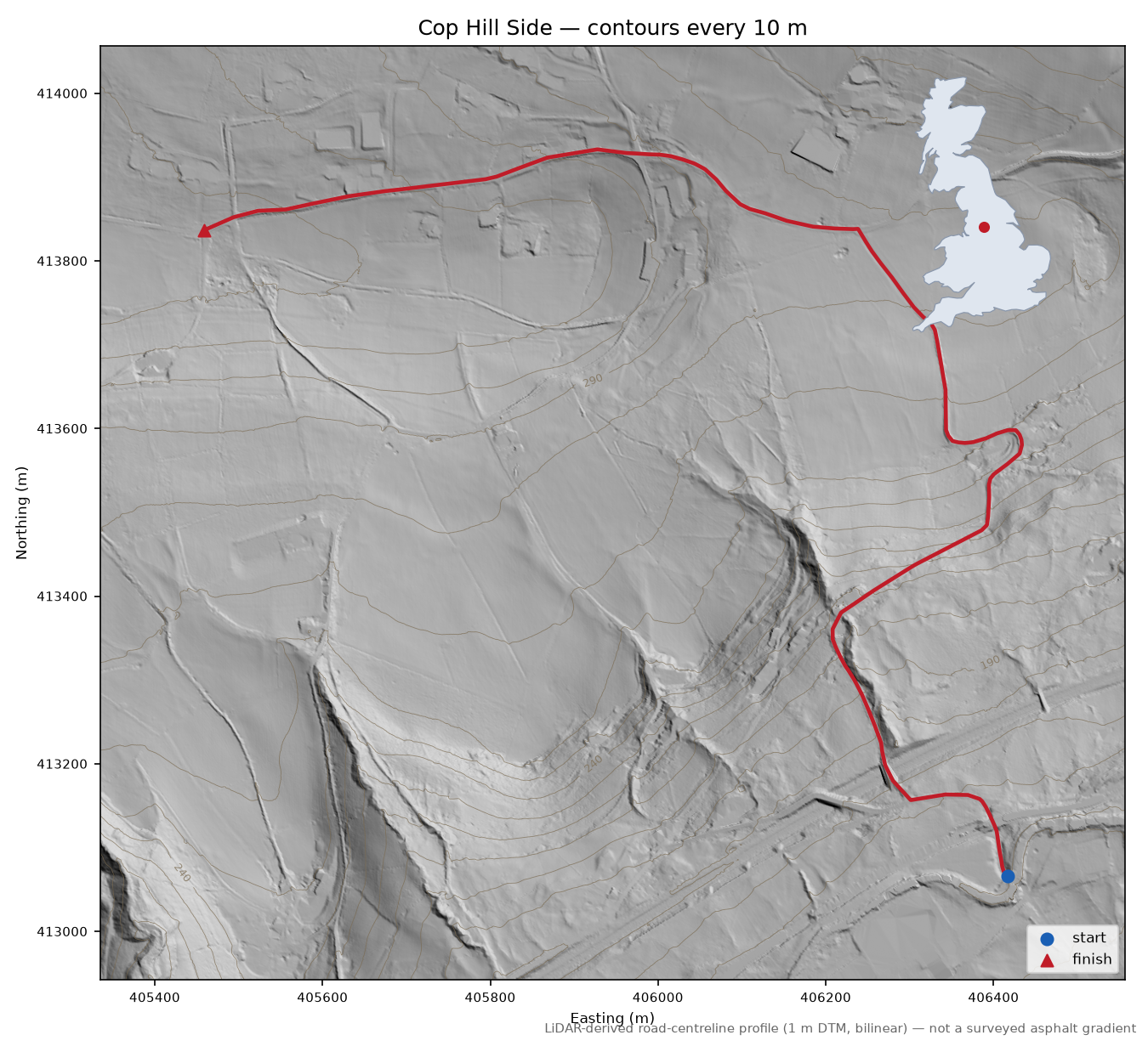Cop Hill Side LiDAR hillshade map with contours