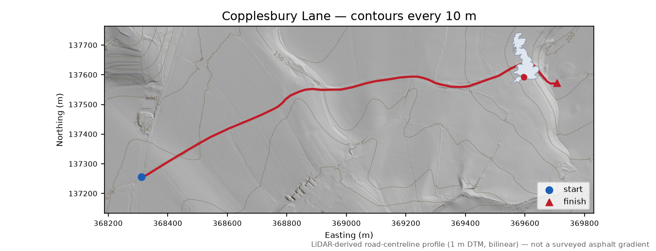Copplesbury Lane LiDAR hillshade map with contours