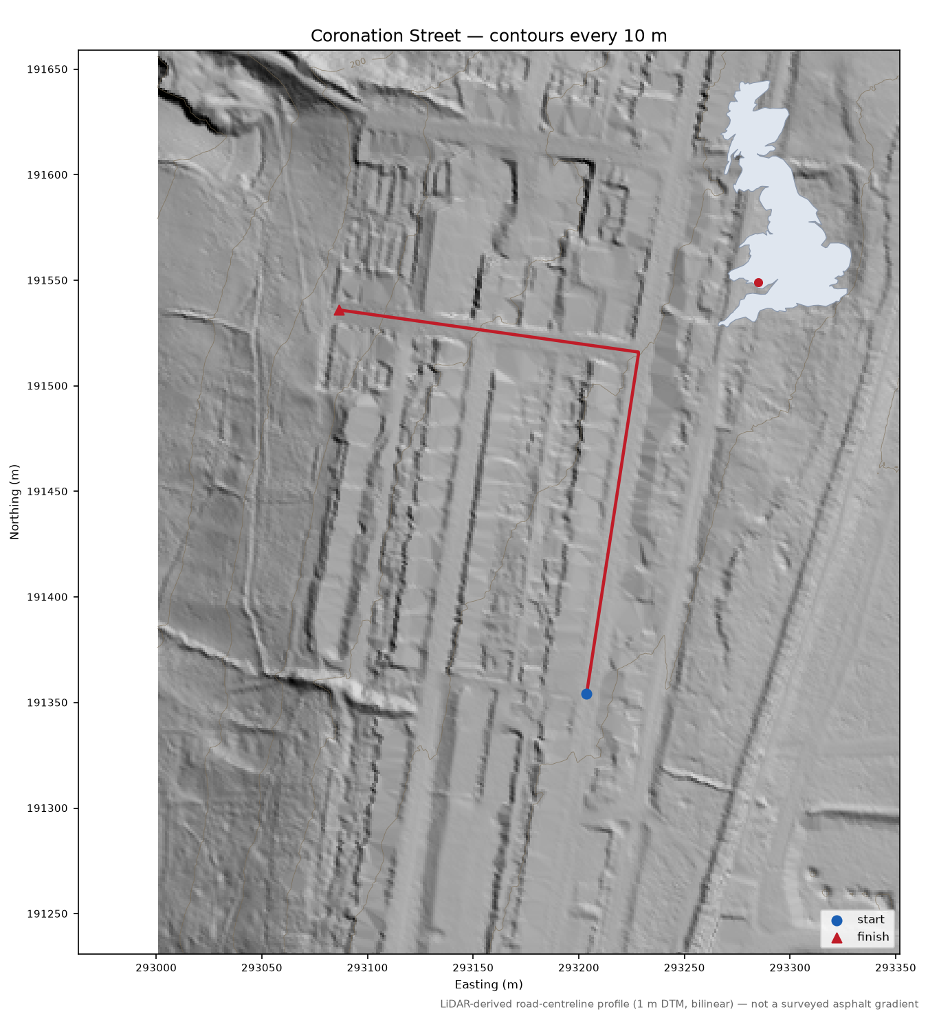 Coronation Street LiDAR hillshade map with contours