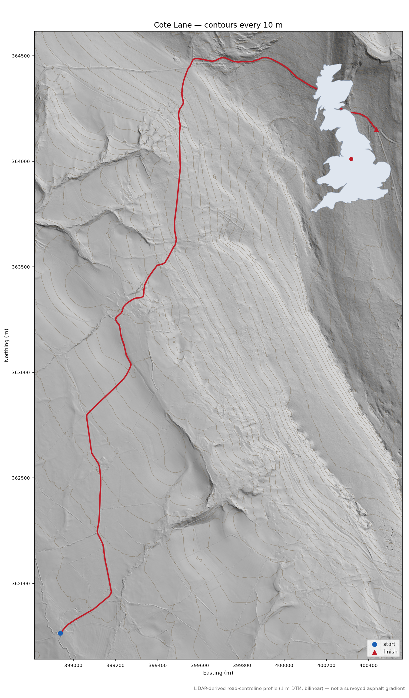 Cote Lane LiDAR hillshade map with contours