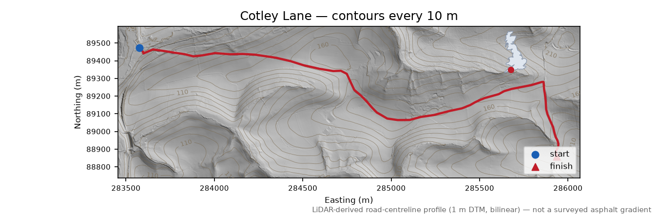 Cotley Lane LiDAR hillshade map with contours
