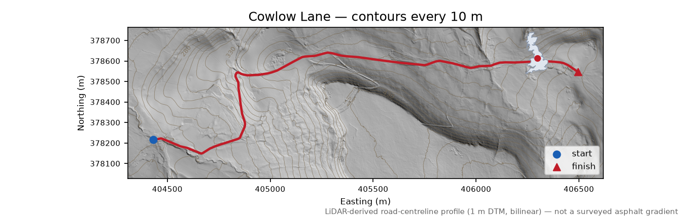 Cowlow Lane LiDAR hillshade map with contours