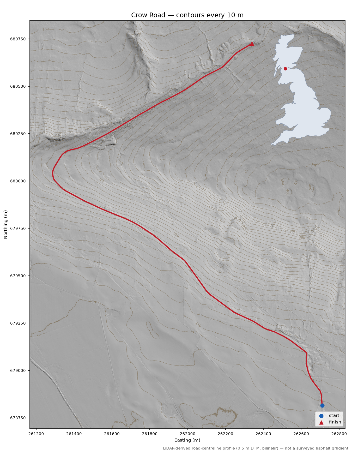 Crow Road LiDAR hillshade map with contours