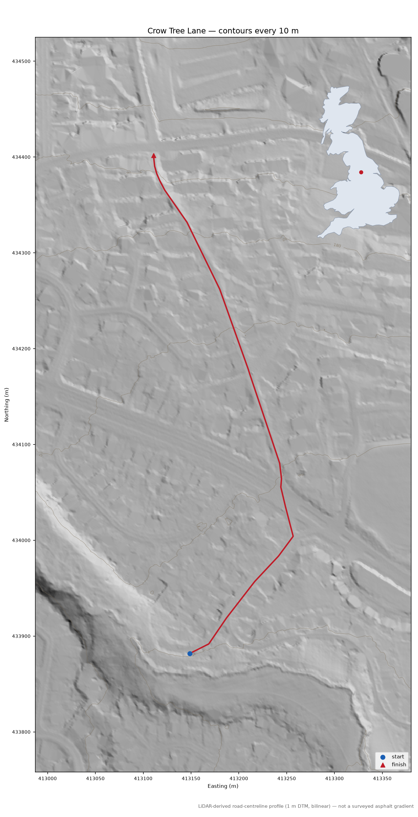 Crow Tree Lane LiDAR hillshade map with contours