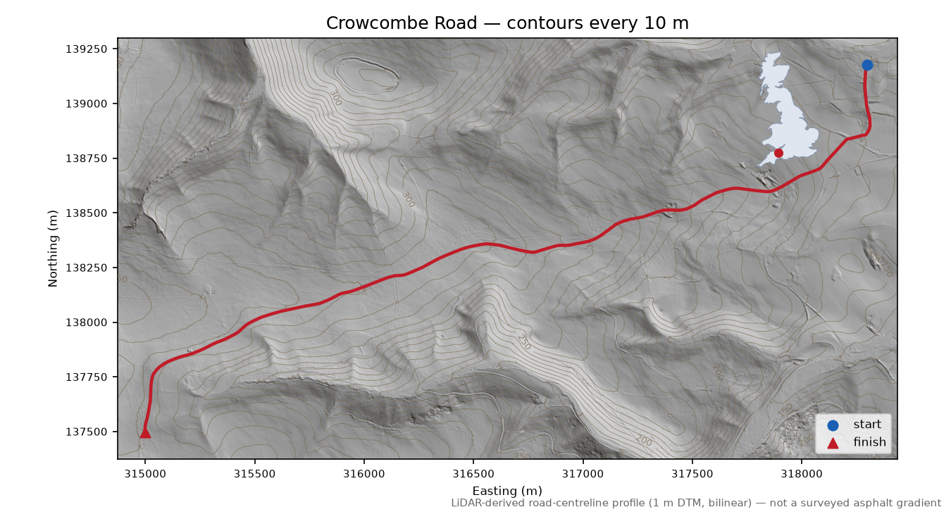 Crowcombe Road LiDAR hillshade map with contours