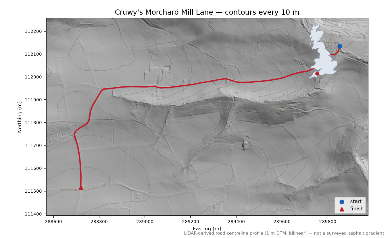 Cruwy's Morchard Mill Lane LiDAR hillshade map with contours