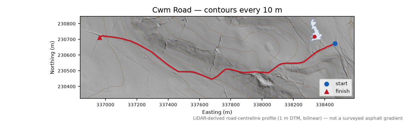Cwm Road LiDAR hillshade map with contours
