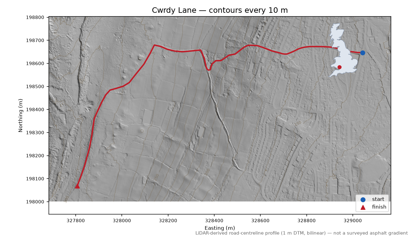 Cwrdy Lane LiDAR hillshade map with contours