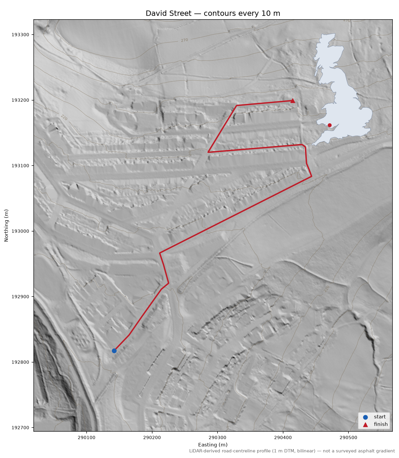 David Street LiDAR hillshade map with contours