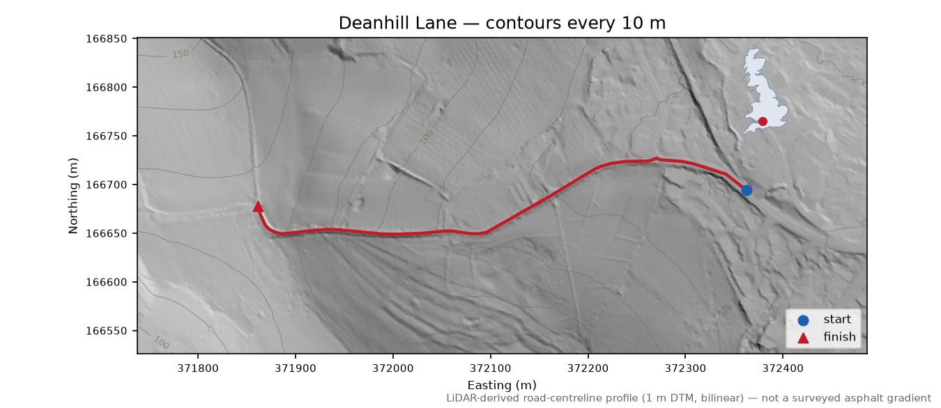 Deanhill Lane LiDAR hillshade map with contours
