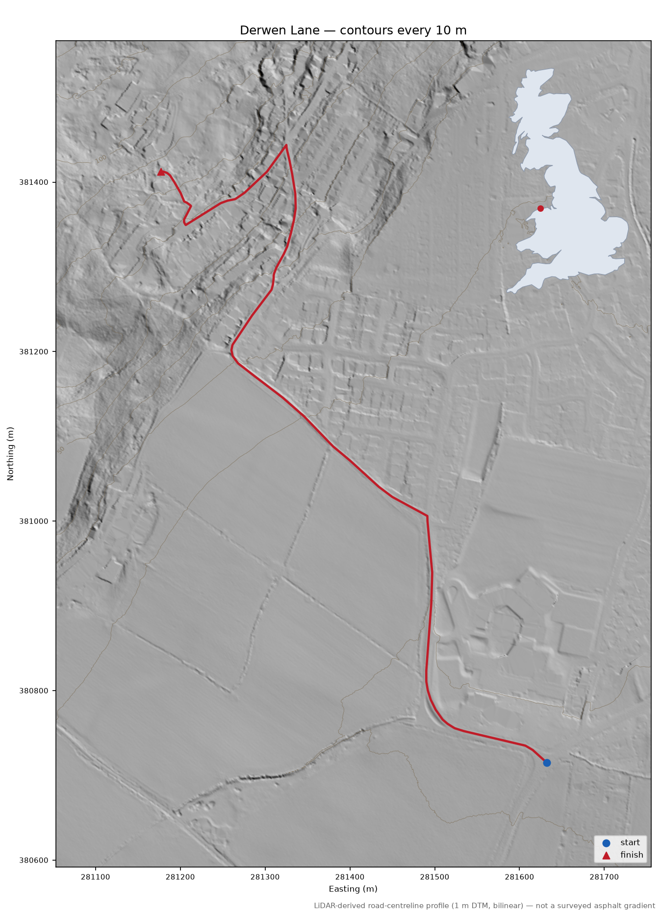 Derwen Lane LiDAR hillshade map with contours