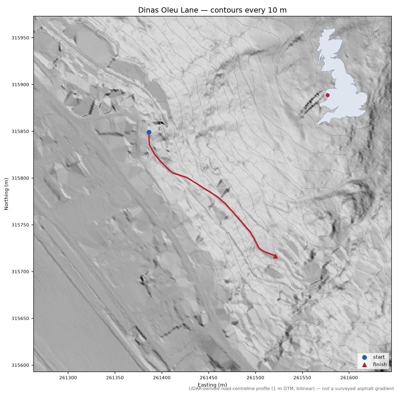 Dinas Oleu Lane LiDAR hillshade map with contours
