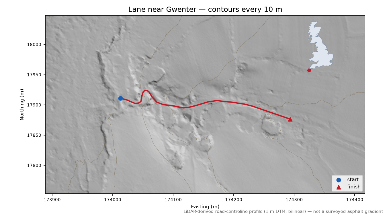 Lane near Gwenter LiDAR hillshade map with contours