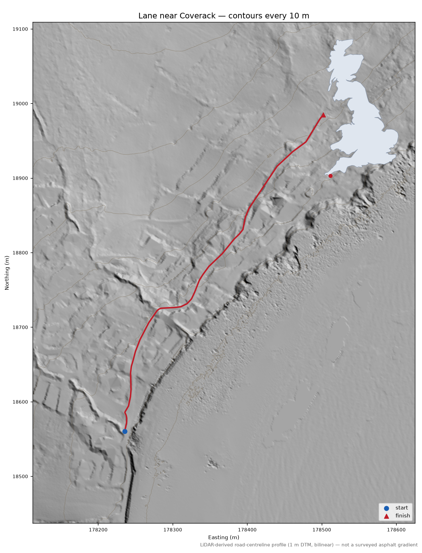 Lane near Coverack LiDAR hillshade map with contours