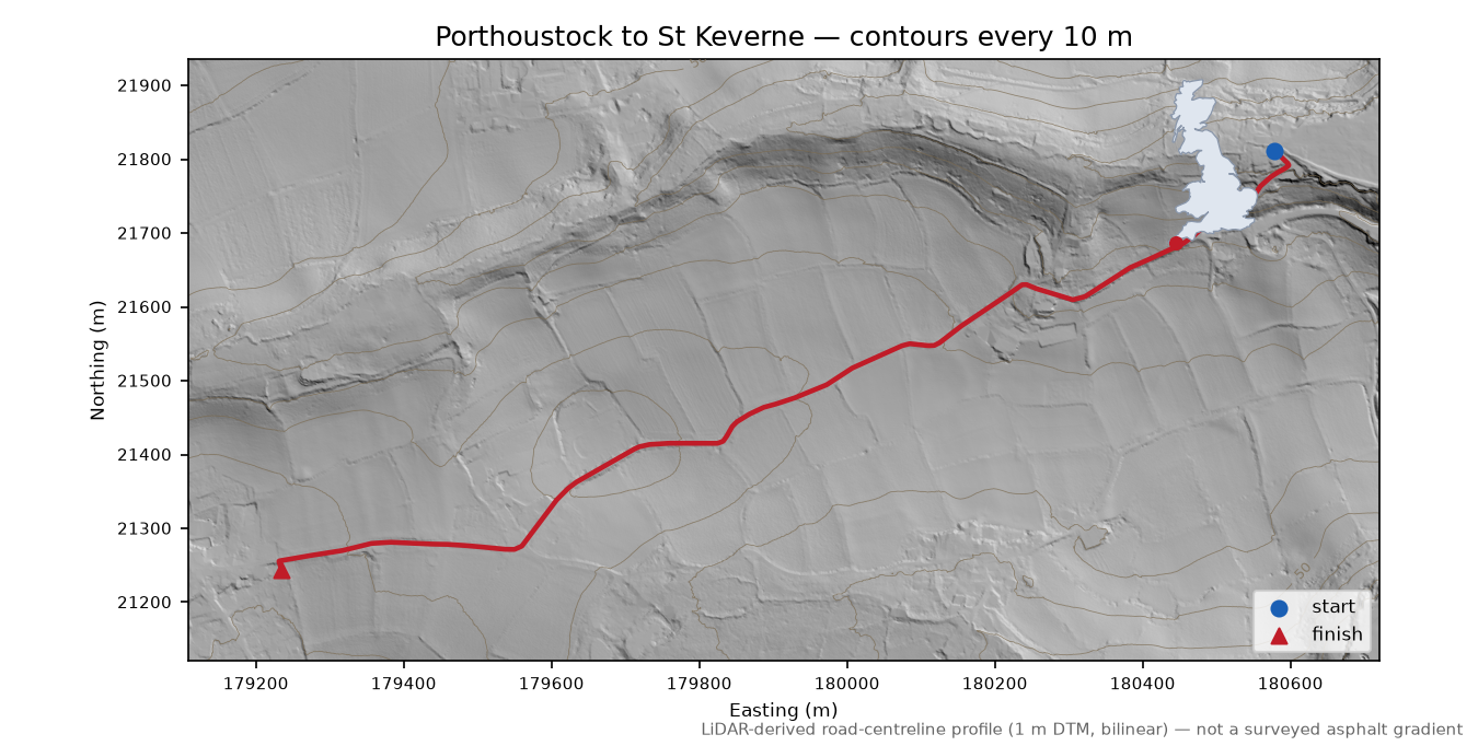 Porthoustock to St Keverne LiDAR hillshade map with contours