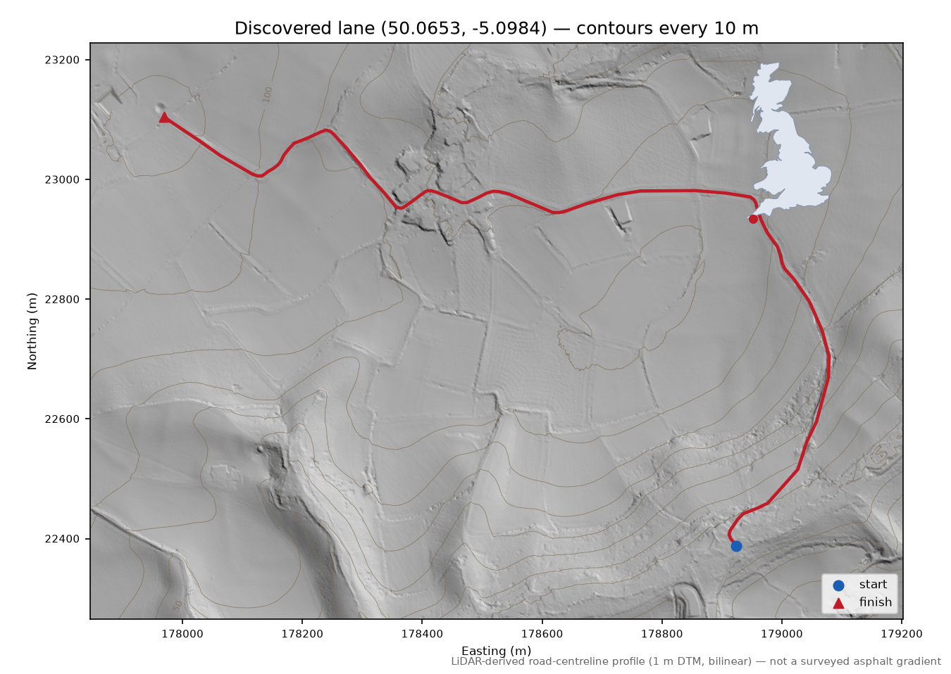 Trenoweth Hill to Roskruge Beacon LiDAR hillshade map with contours