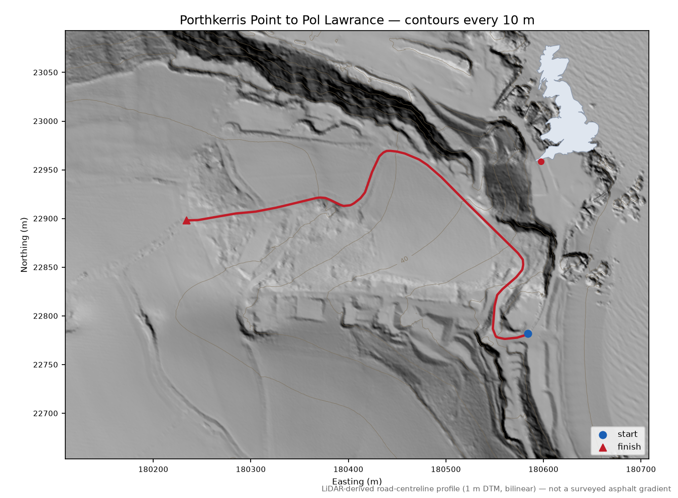 Porthkerris Point to Pol Lawrance LiDAR hillshade map with contours