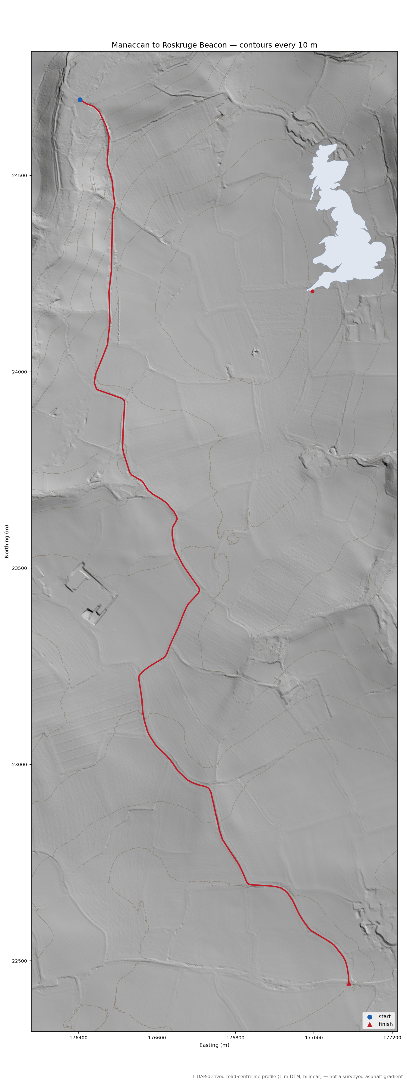 Manaccan to Roskruge Beacon LiDAR hillshade map with contours