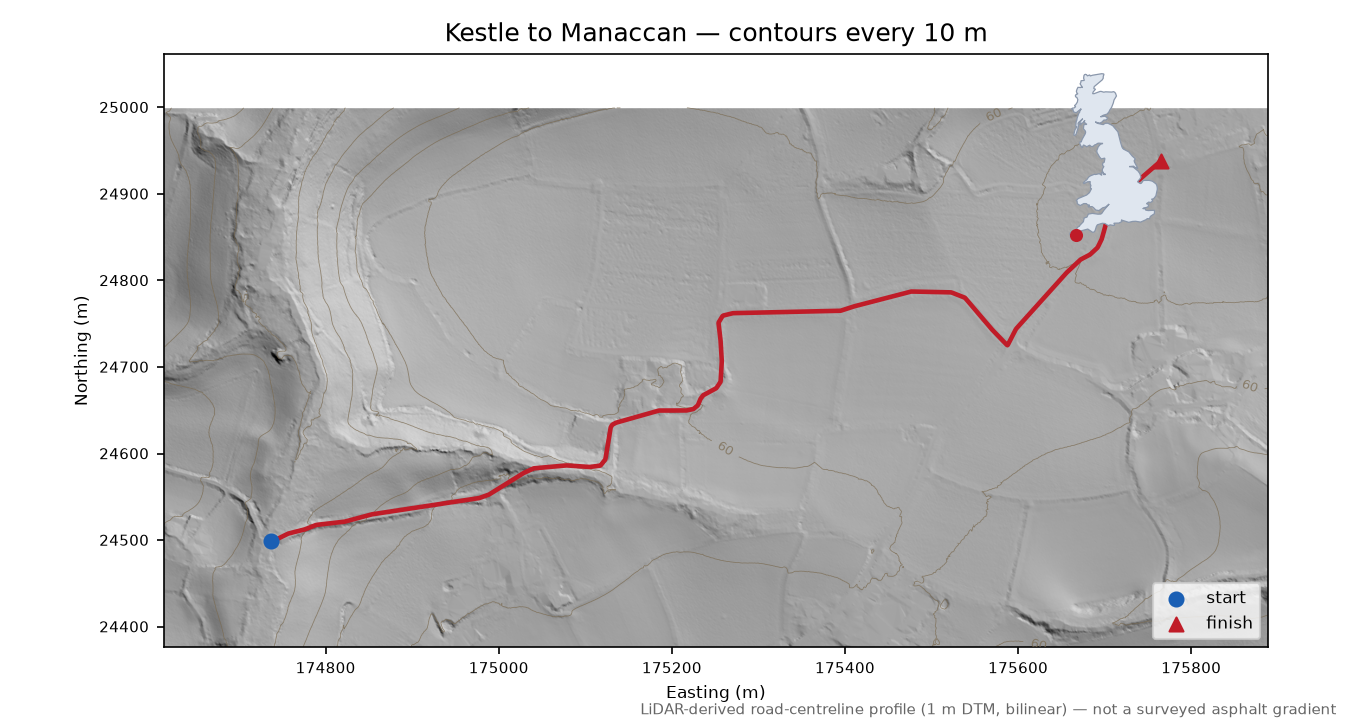 Kestle to Manaccan LiDAR hillshade map with contours