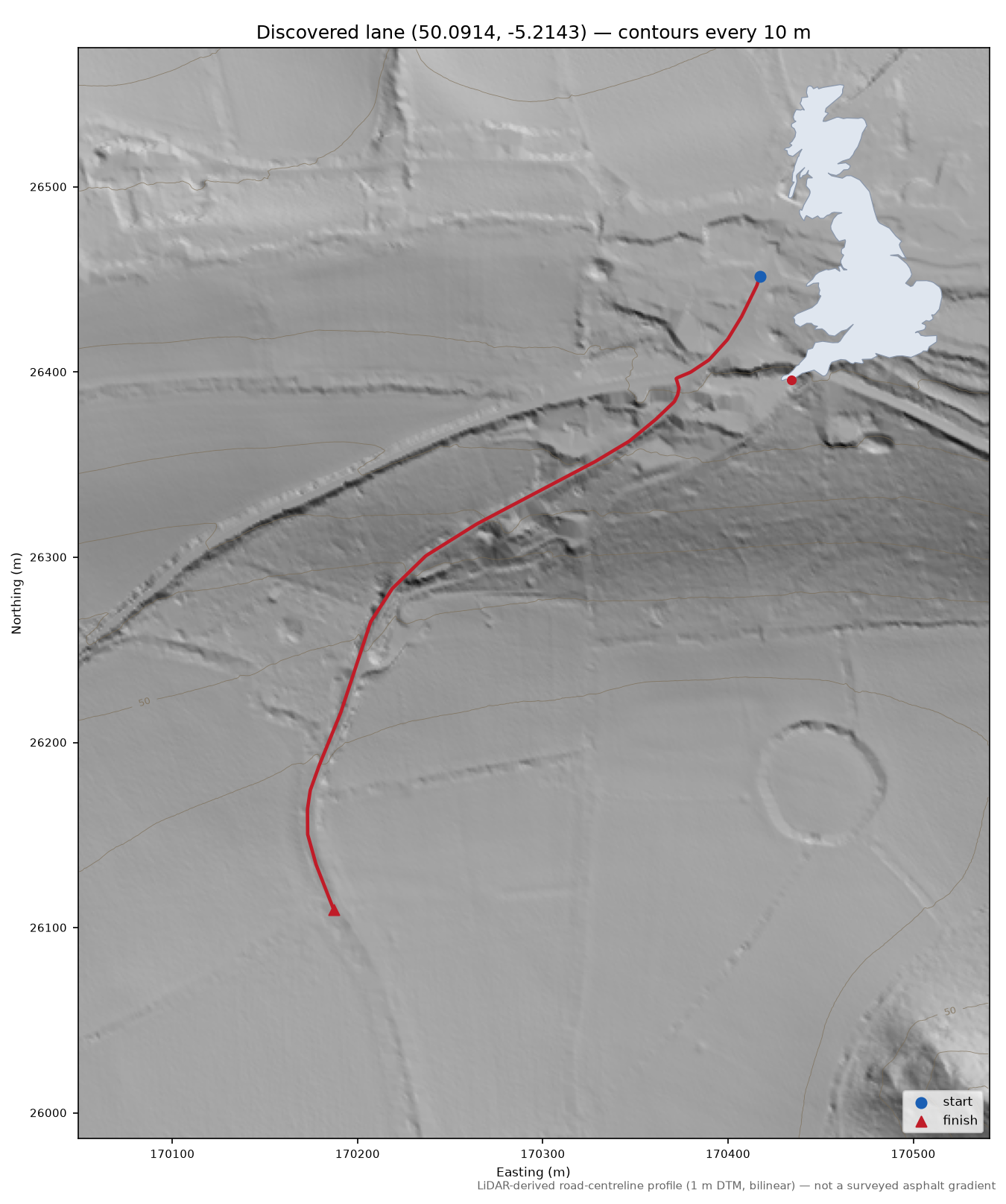Lane near Gweek LiDAR hillshade map with contours