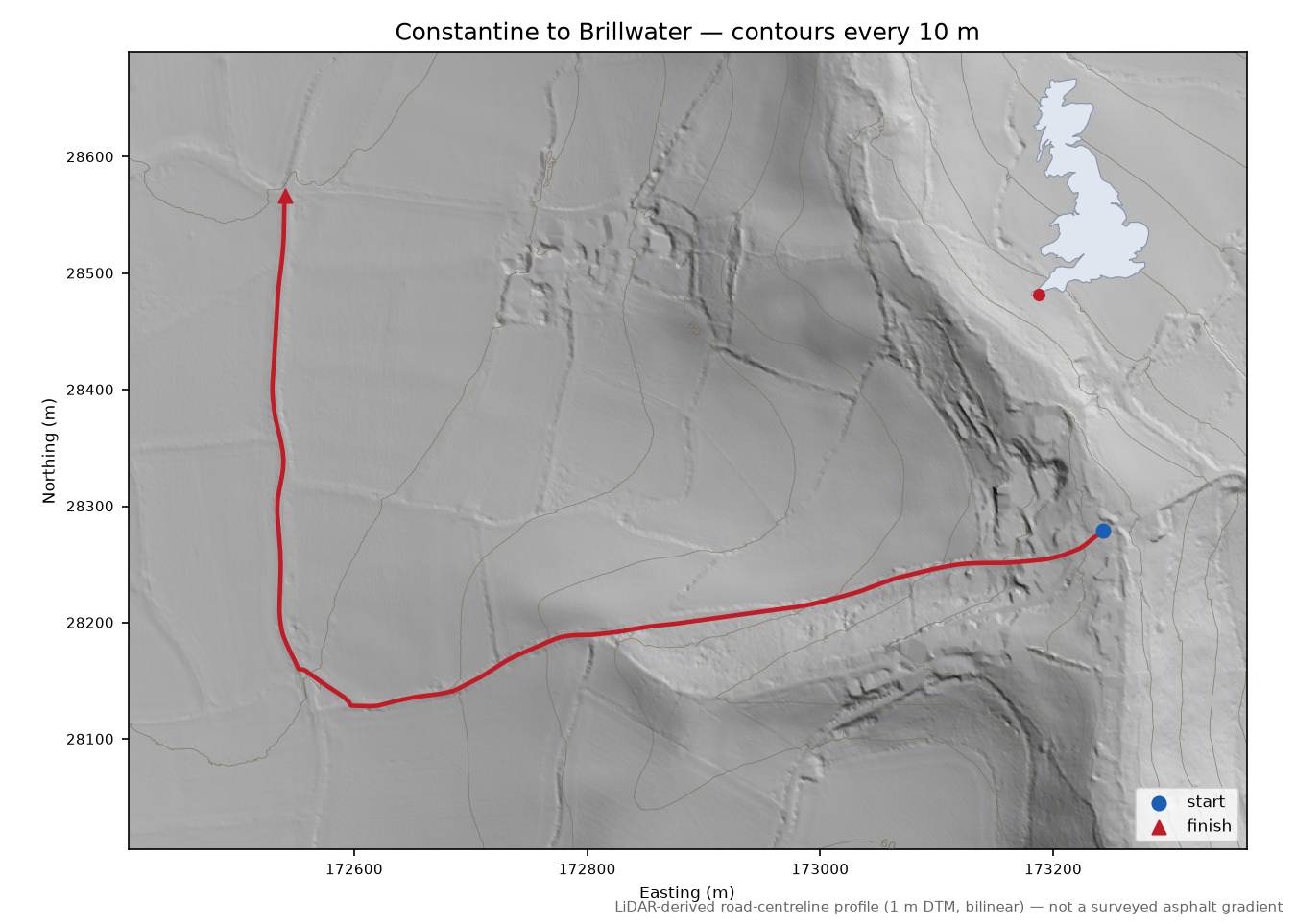 Constantine to Brillwater LiDAR hillshade map with contours