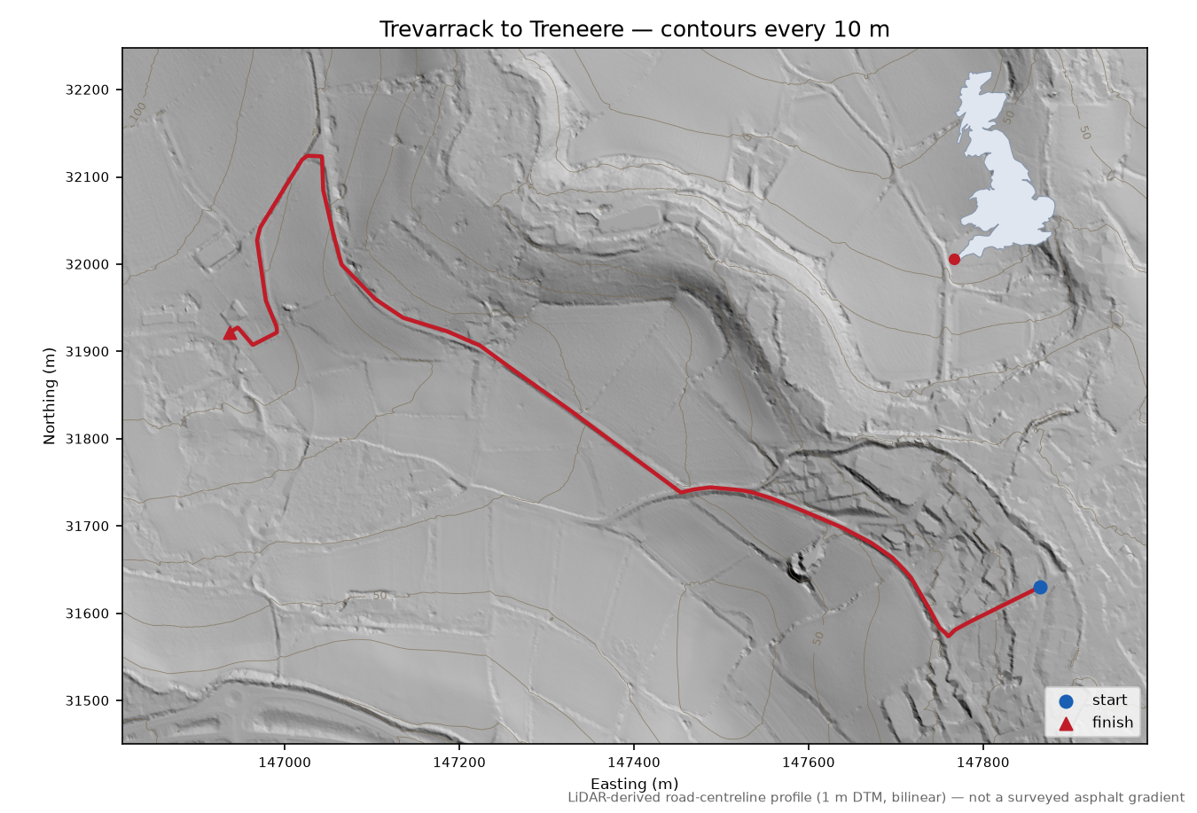 Trevarrack to Treneere LiDAR hillshade map with contours