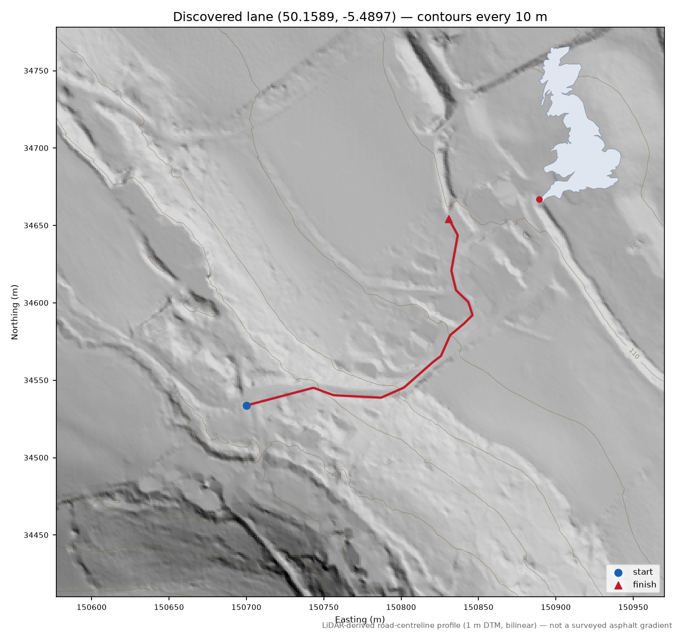 Lane near Vellanoweth LiDAR hillshade map with contours