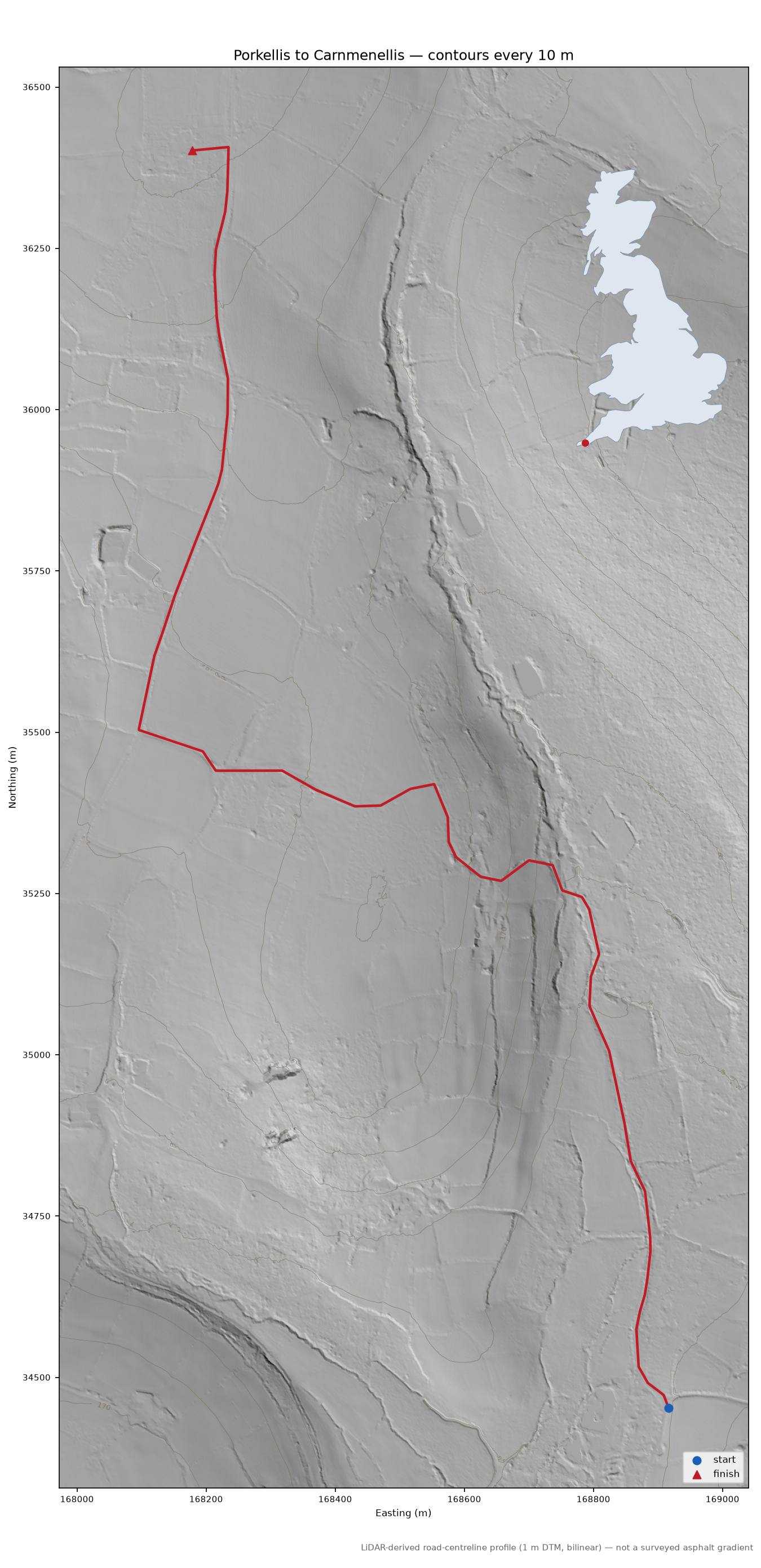 Porkellis to Carnmenellis LiDAR hillshade map with contours