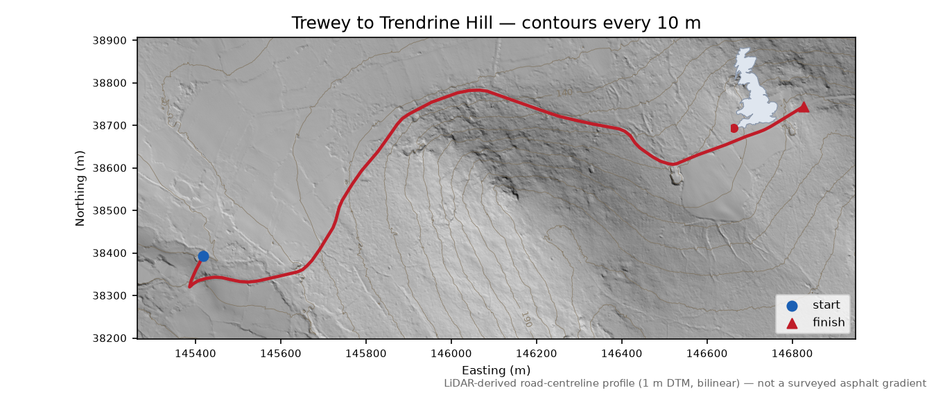 Trewey to Trendrine Hill LiDAR hillshade map with contours