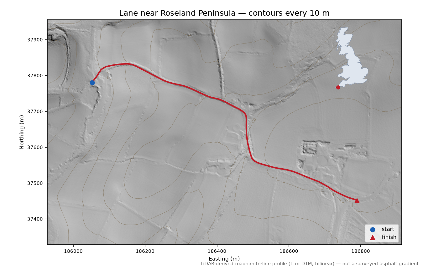 Lane near Roseland Peninsula LiDAR hillshade map with contours