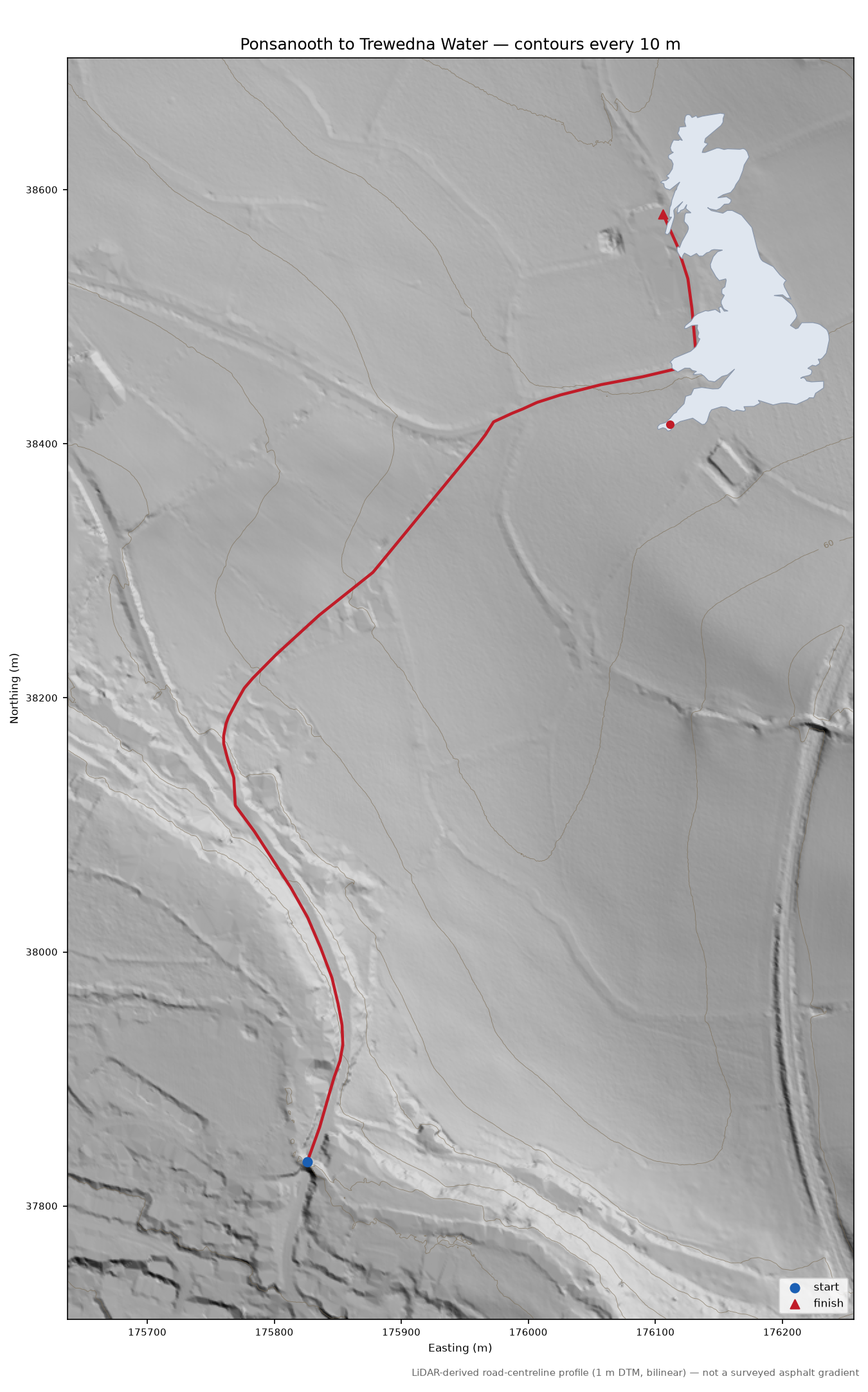 Ponsanooth to Trewedna Water LiDAR hillshade map with contours