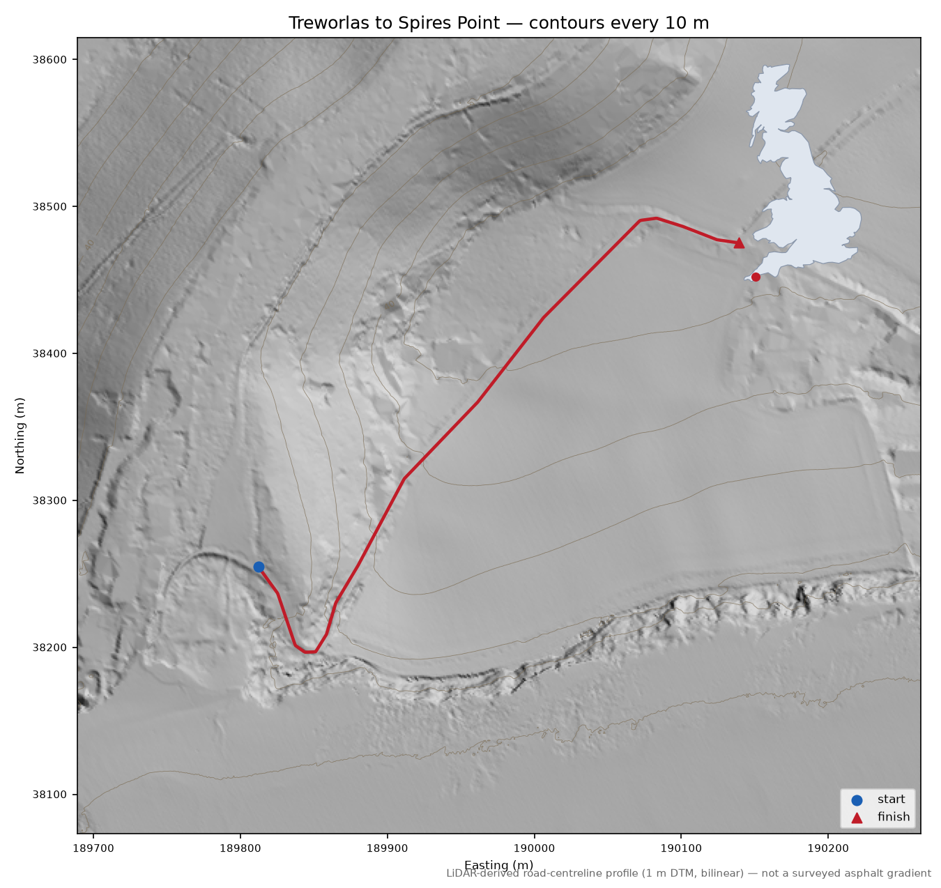Treworlas to Spires Point LiDAR hillshade map with contours