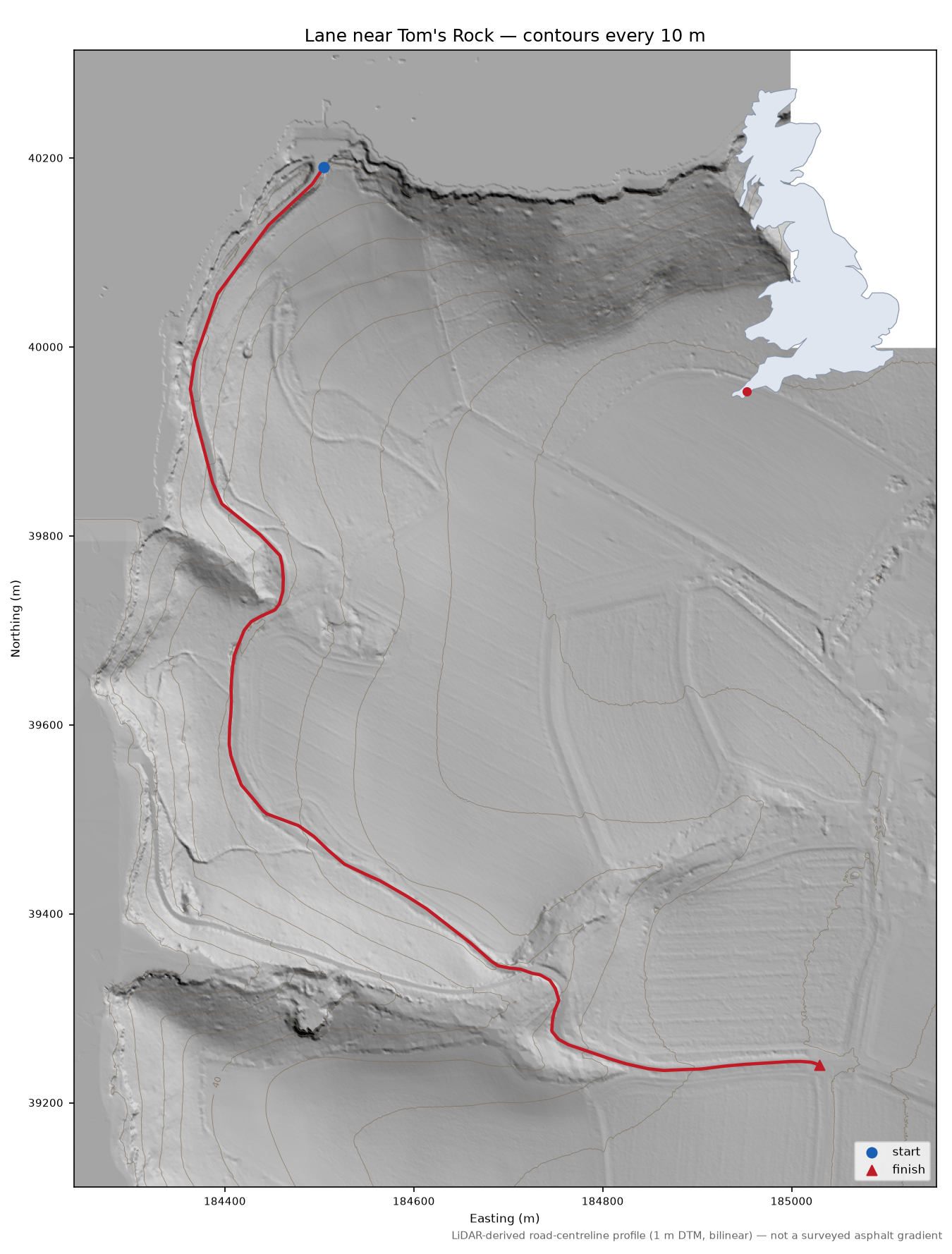 Lane near Tom's Rock LiDAR hillshade map with contours
