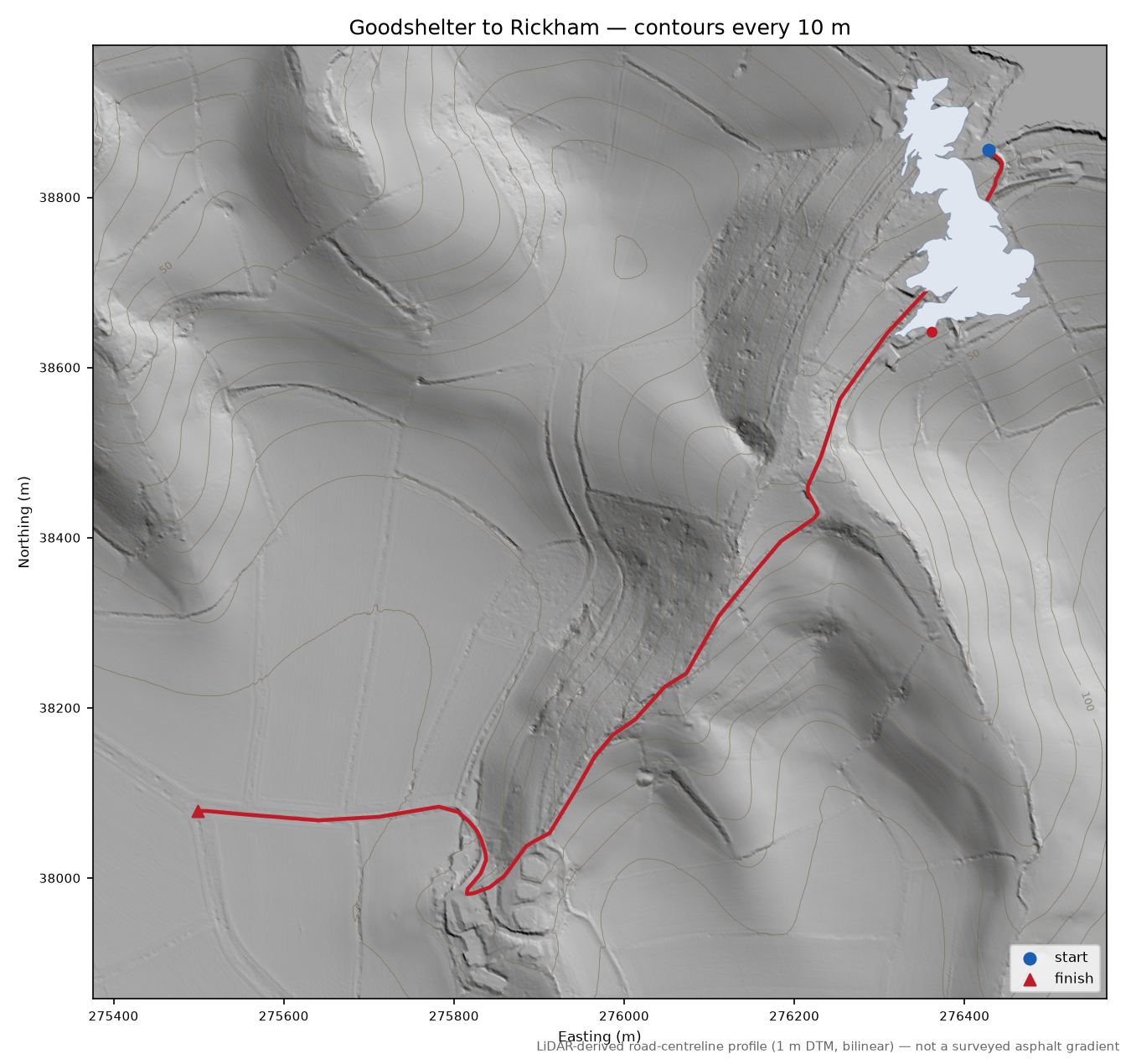 Goodshelter to Rickham LiDAR hillshade map with contours
