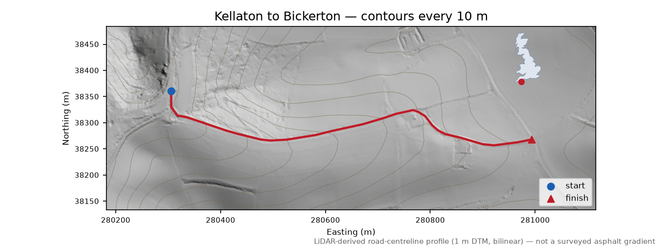 Kellaton to Bickerton LiDAR hillshade map with contours