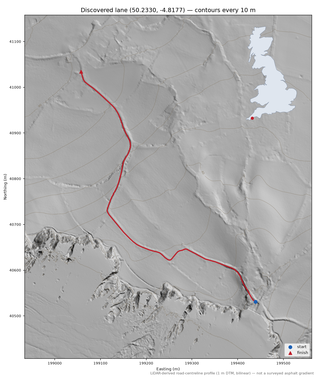 Cadythew Rock to Boswinger LiDAR hillshade map with contours