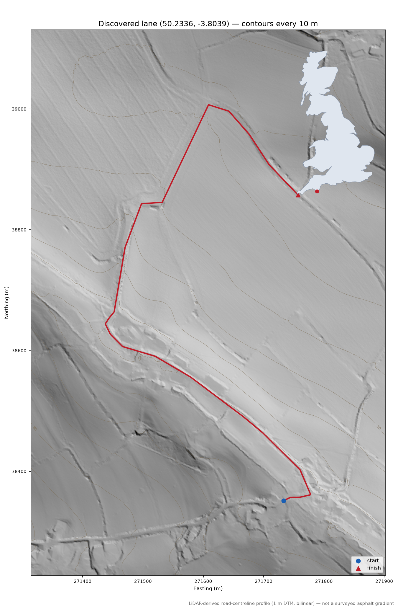 Lane near Combe LiDAR hillshade map with contours