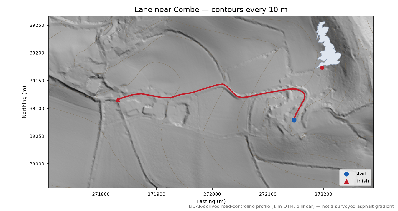 Lane near Combe LiDAR hillshade map with contours