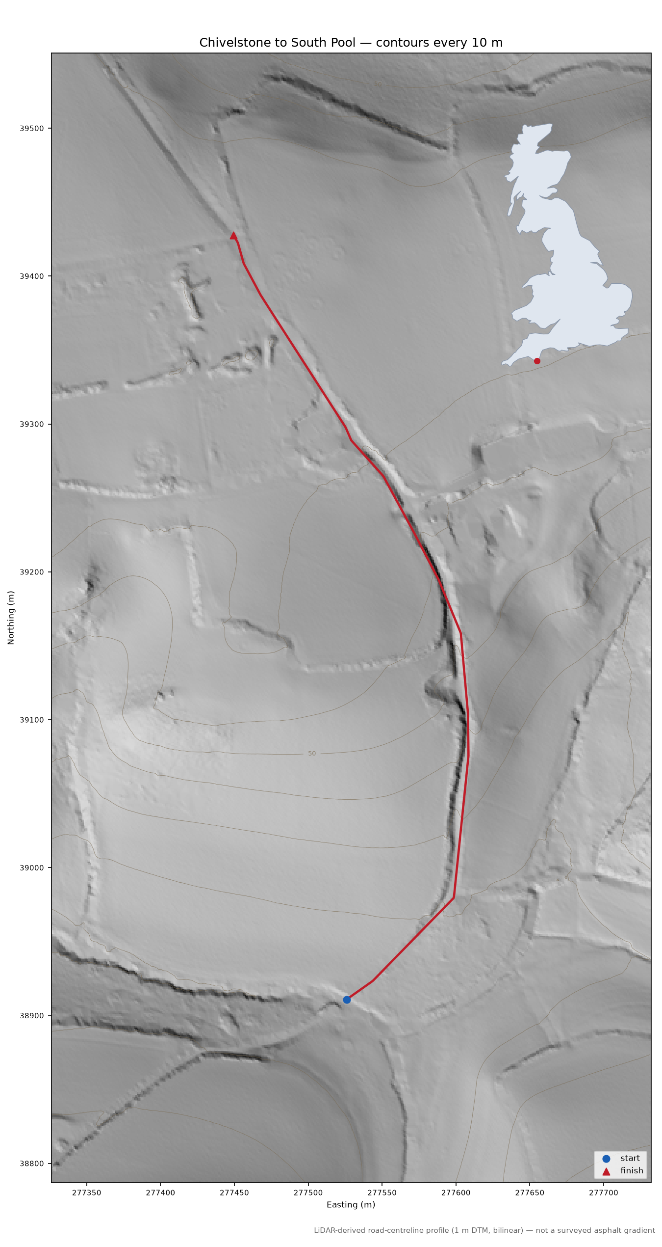Chivelstone to South Pool LiDAR hillshade map with contours