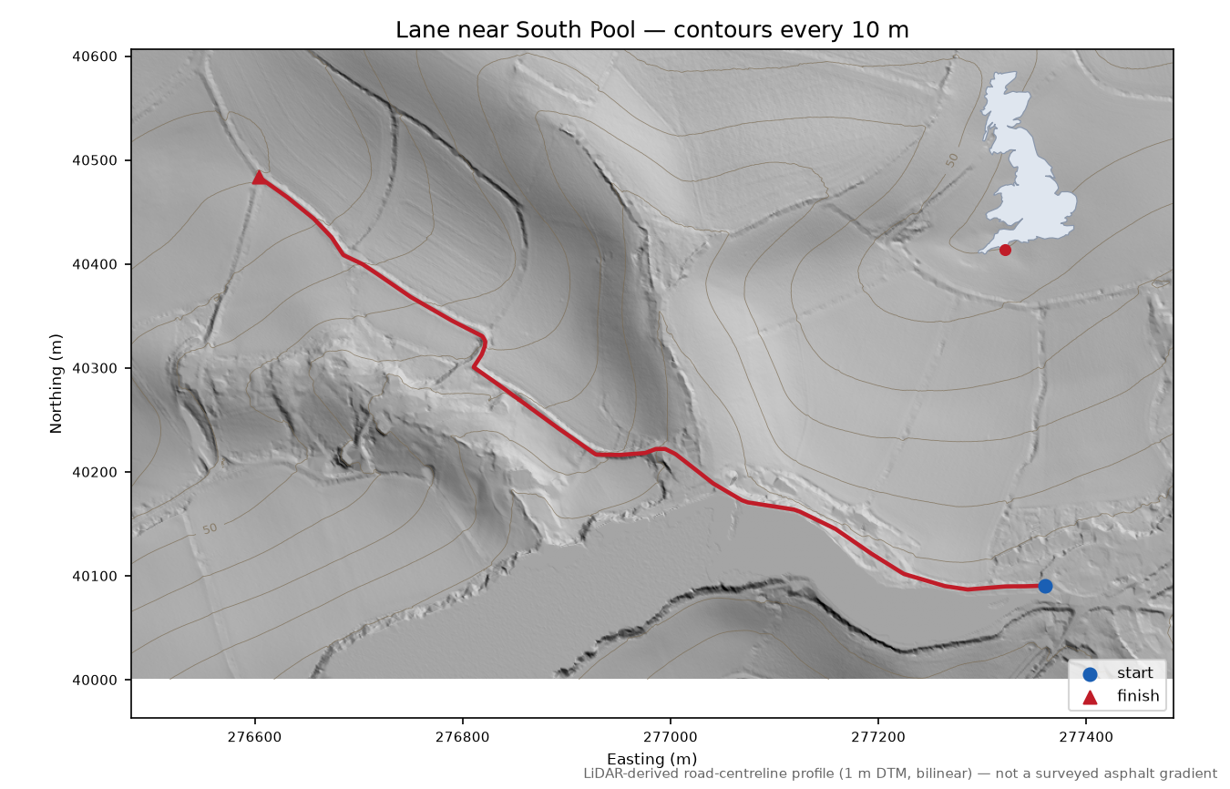 Lane near South Pool LiDAR hillshade map with contours