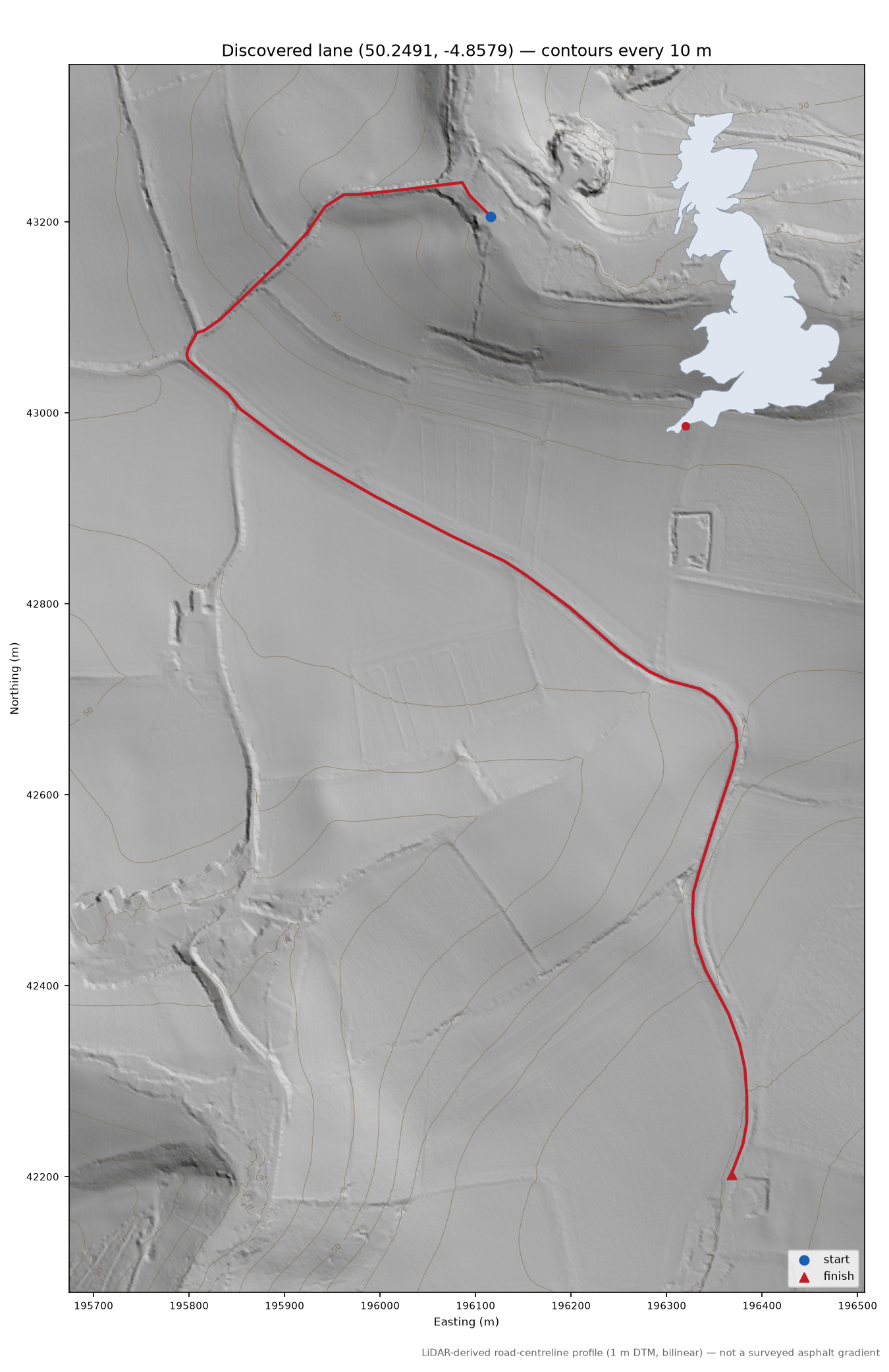 Lane near St Michael Caerhays LiDAR hillshade map with contours