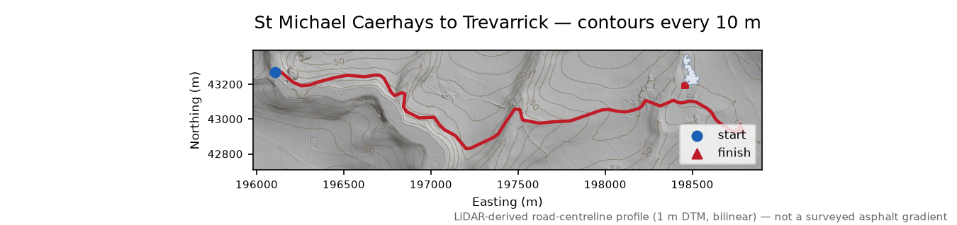 St Michael Caerhays to Trevarrick LiDAR hillshade map with contours