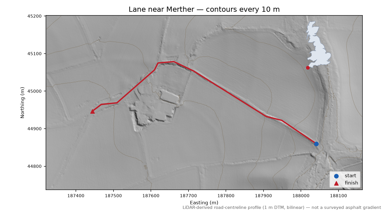 Lane near Merther LiDAR hillshade map with contours