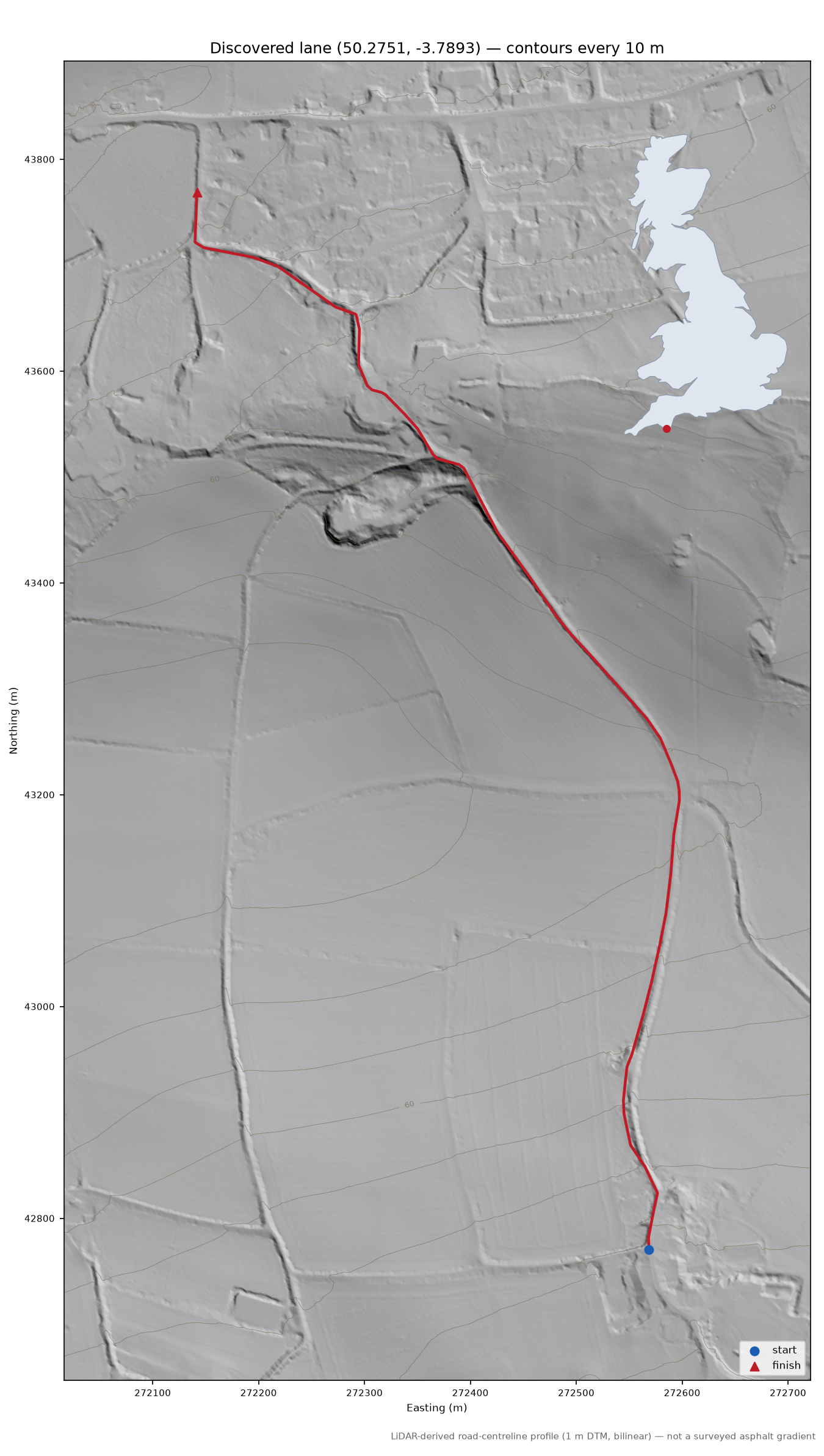 Easton to West Alvington LiDAR hillshade map with contours