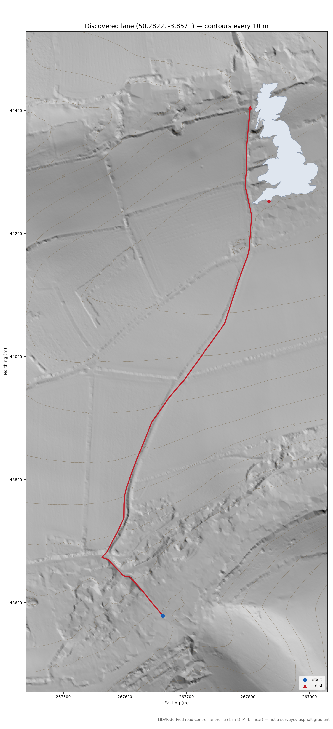 Lane near Buckland LiDAR hillshade map with contours