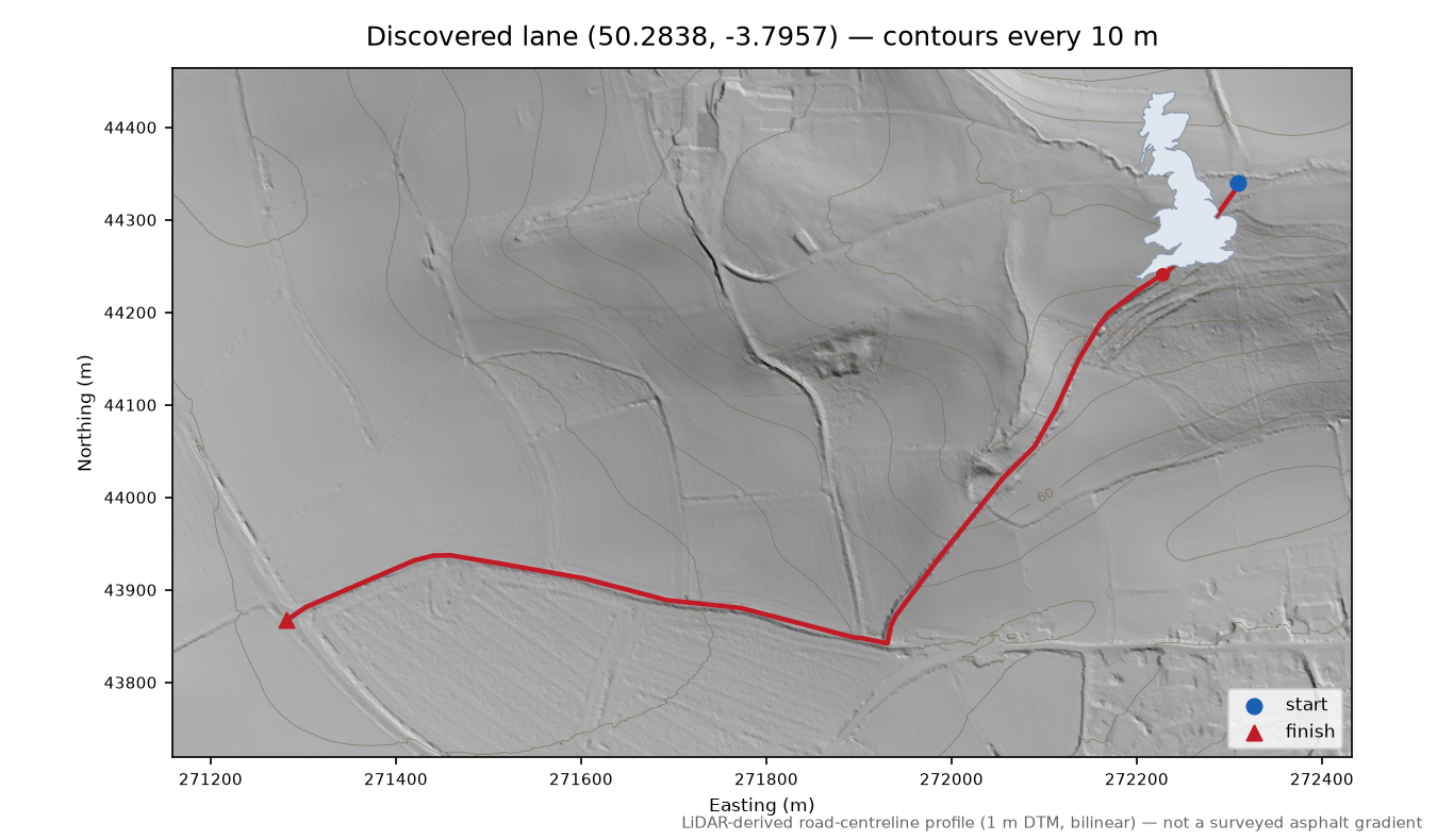 Lane near West Alvington LiDAR hillshade map with contours