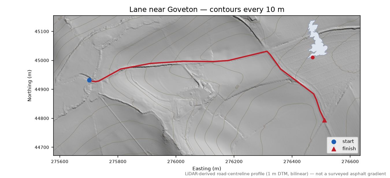 Lane near Goveton LiDAR hillshade map with contours